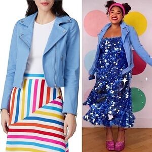 COLOR ME COURTNEY Blue Stretch Cotton Twill Cropped Slim Fit Biker Moto Jacket S